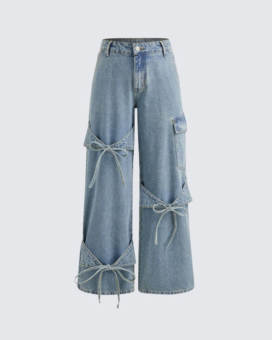 DENIM LOW RISE JEANS WITH BOWS