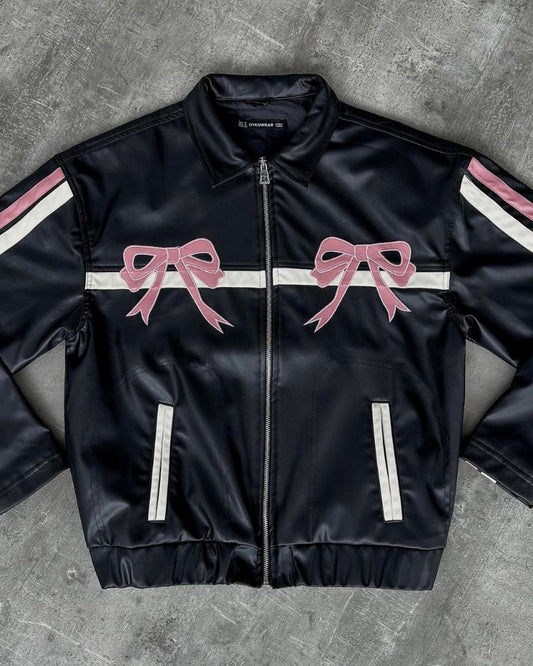 LEATHER JACKET WITH BOW PRINT